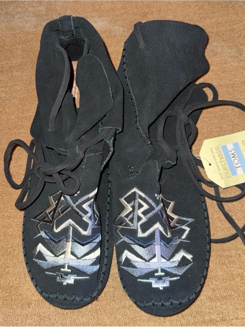 Toms Black Suede Lace-Up Moccasins with Geometric Embroidery
